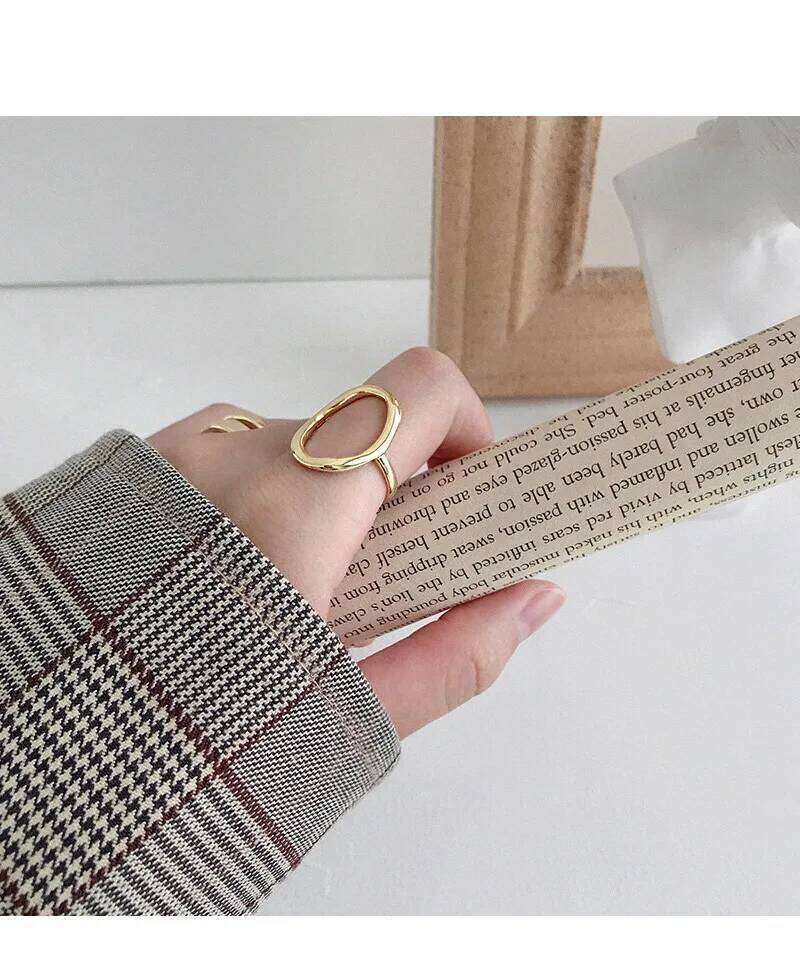 Korean version S925 sterling silver open ring INS simple geometric irregular hollow oval female adjustable punk party H260312