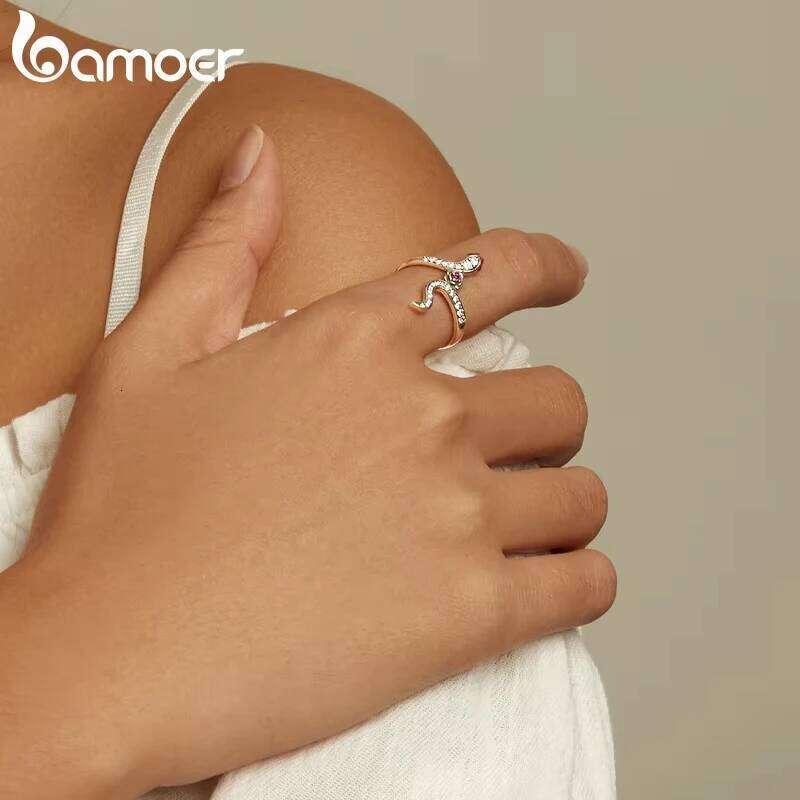 Bamoer 925 Sterling Silver Snake & Rose for Personality Cool Fashion Women Statement Ring H260312