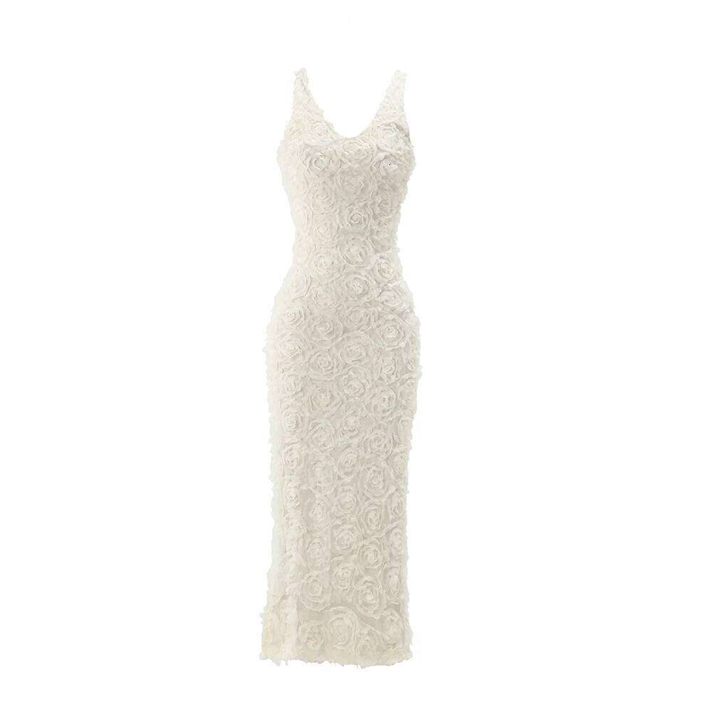 Mingmingxi Elegant Flower Applique Party Dresses 2024 New Arrivals V Neck Bodycon Mesh Sexy Long Maxi Dress Women C260311