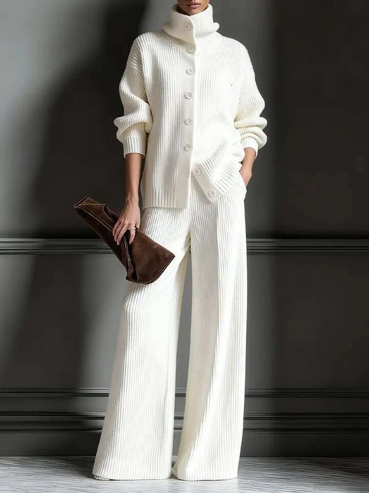New Autumn Winter Thickened Independent Stand European American Fashion Women S Casual Woolen High Neck Wide Leg Suit