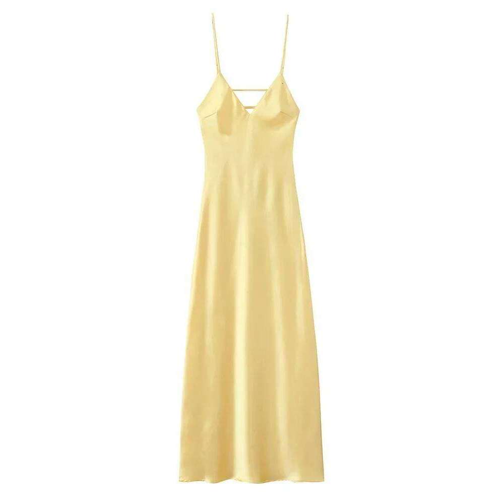 Yellow Satin Sling Dress Women Elegant V Neck Sleeveless Backless High Waist Maxi Dresses 2025 Summer Lady Party Evening Robes C260312