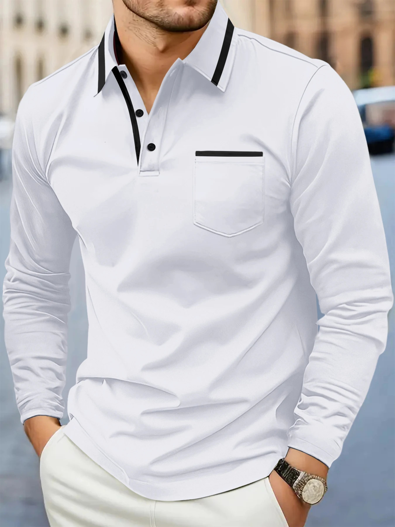 Spring and fall -selling fashion golf mens lapel pocket comfortable casual sports solid color long sleeve breathable top 260311