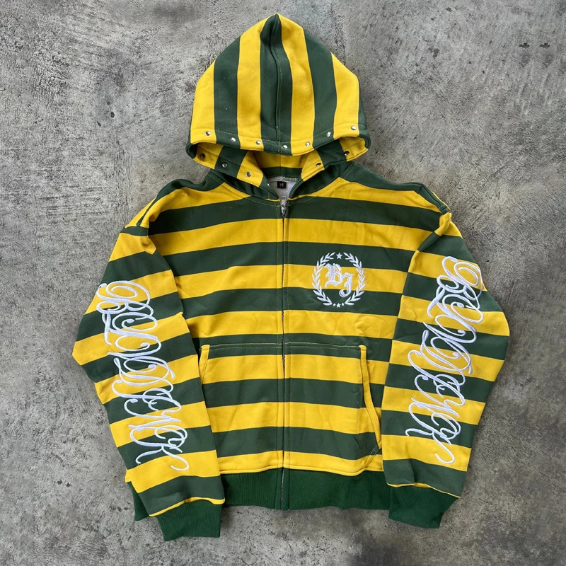 Y2K Street Kid Zip Up Hoodie Stripe Rivet Embroidery Pattern Sweatshirt Men Hip Hop Fashion Streetwear Unisex Boxy Clothing 260311