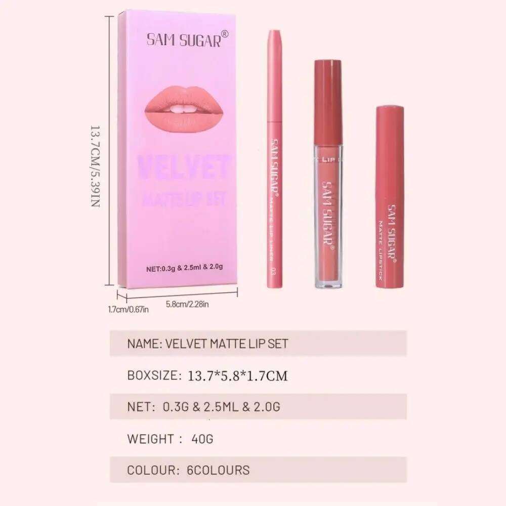 Matte Liquid Lipstick Set 3in1 Long Lasting Waterproof Lip Liner Gloss Kit Nude Pink Brown Cherry Shades W260311