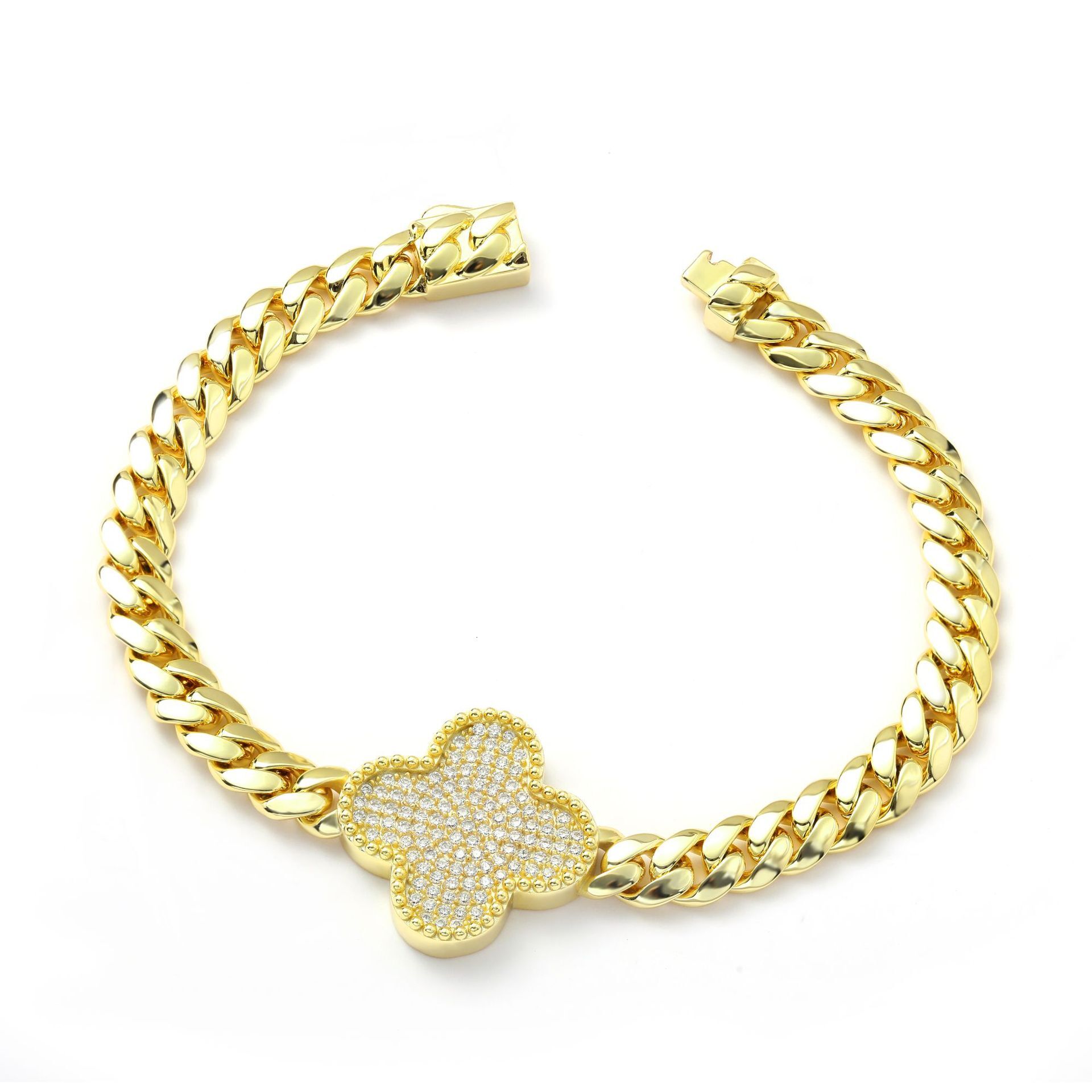 Bracelet Spring Buckle Four-Leaf Clover Zircon Bracelet Tennis Chain Men's High-End Versatile Bracelet Jewelry
