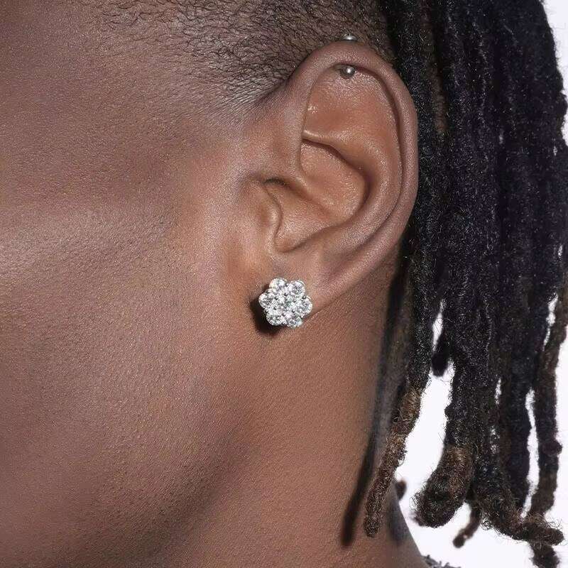 DE Cluster Flower S VVS Men Hiphop Sterling Sier Moissanite Stud Earrings with GRA Certificate