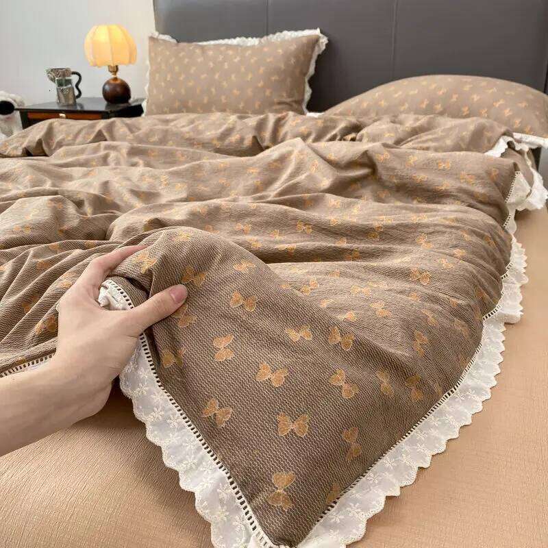 INS French Lace Trim Bowknot Double Layer Gauze Quilt Cover Four-Piece Set Simple Bed Fitted Sheet Dormitory Three-Piece H260312