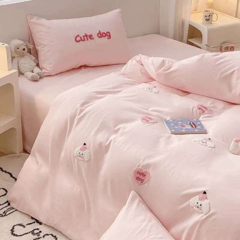 Ins Girly Heart Towel Embroidery Bedding Four-piece Soft Washed Cotton Bed Sheet Quilt Cover Three-piece Set H260312
