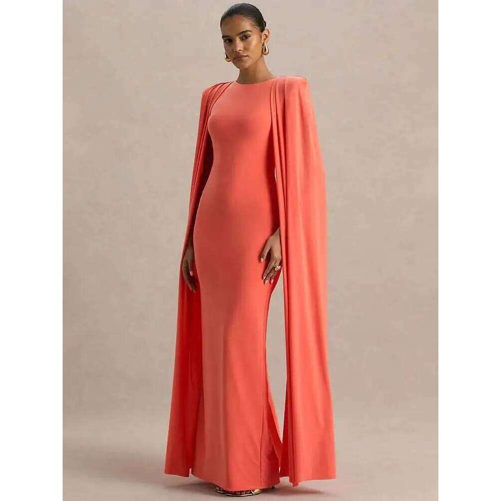 Blifanbo Sexy Cape Sleeve Maxi Dress Women Gown Fashion O Neck High Waist Split Zipper Club Party Long Dresses Female Elegant C260312