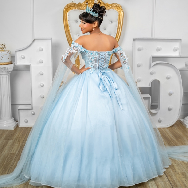 Sky Blue Shiny Ball Gown Quinceanera Dresses 2026 Applique Flower Tull Corset Off Shoulder Sweet 16 Dress Vestidos De 15 Anos