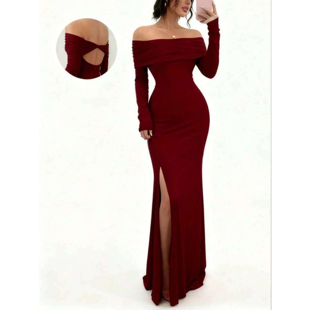 Women's Off-Shoulder Bodycon Dress - Long Sleeve High Slit Bandage Dress, Chic Figure-Hugging Midi C260312