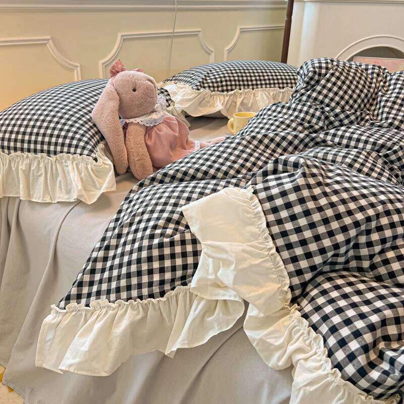 Korean Princess Bedding Set Soft Skin-friendly Ruffles Quilt Cover Plaid Style Duvet Covers Bed Sheet Pillowcases 3/4Pcs H260312