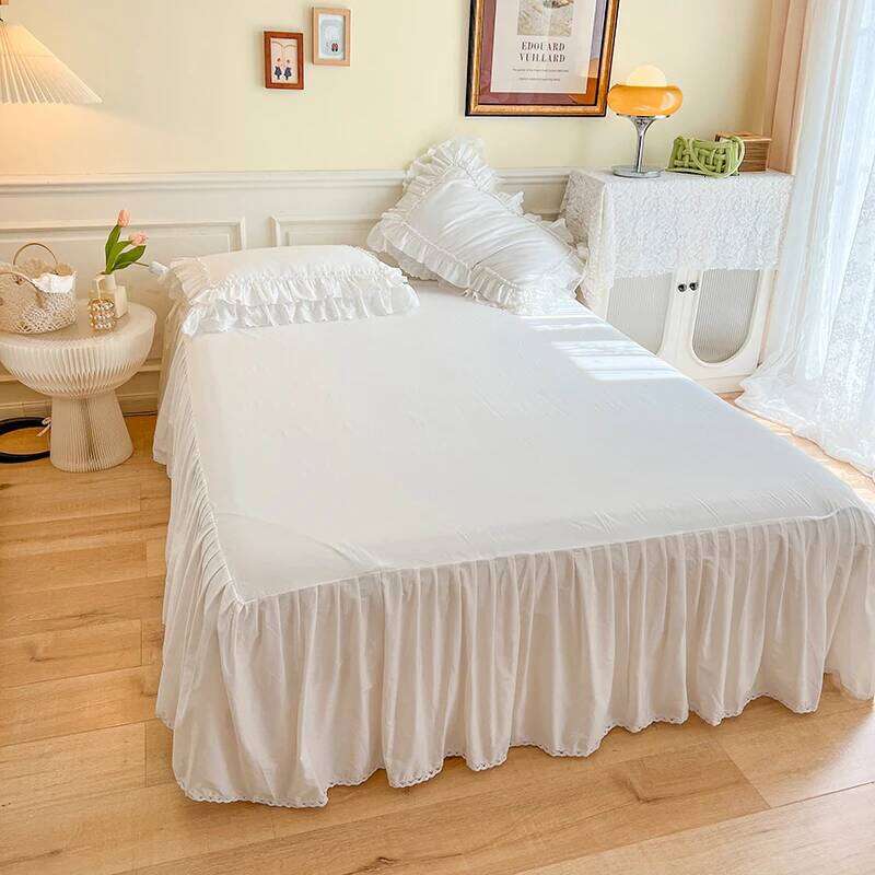 4Pcs White Korean Princess Style 100% Cotton Bedding Set Double Layer Lace Ruffles Duver Cover Bed Skirt Bedspread Pillowcases H260312