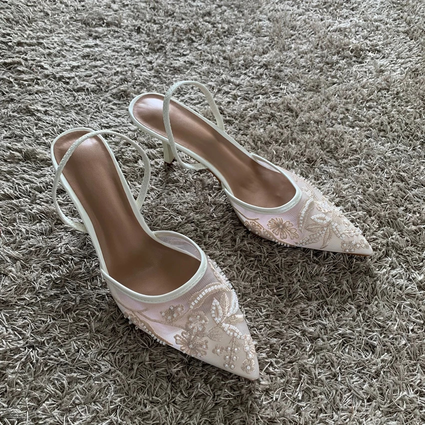 Mesh Embroidered Thin High Heels Sandal 2025 Summer Sexy Slingback Pointed Toe Pumps Dress Shoes Woman Sandalias De Mujer 260306