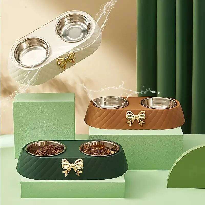 1PC and Cat Bowls Bowtie Dog Food Drinking Double Bowl Pet Supplies 26Y0312