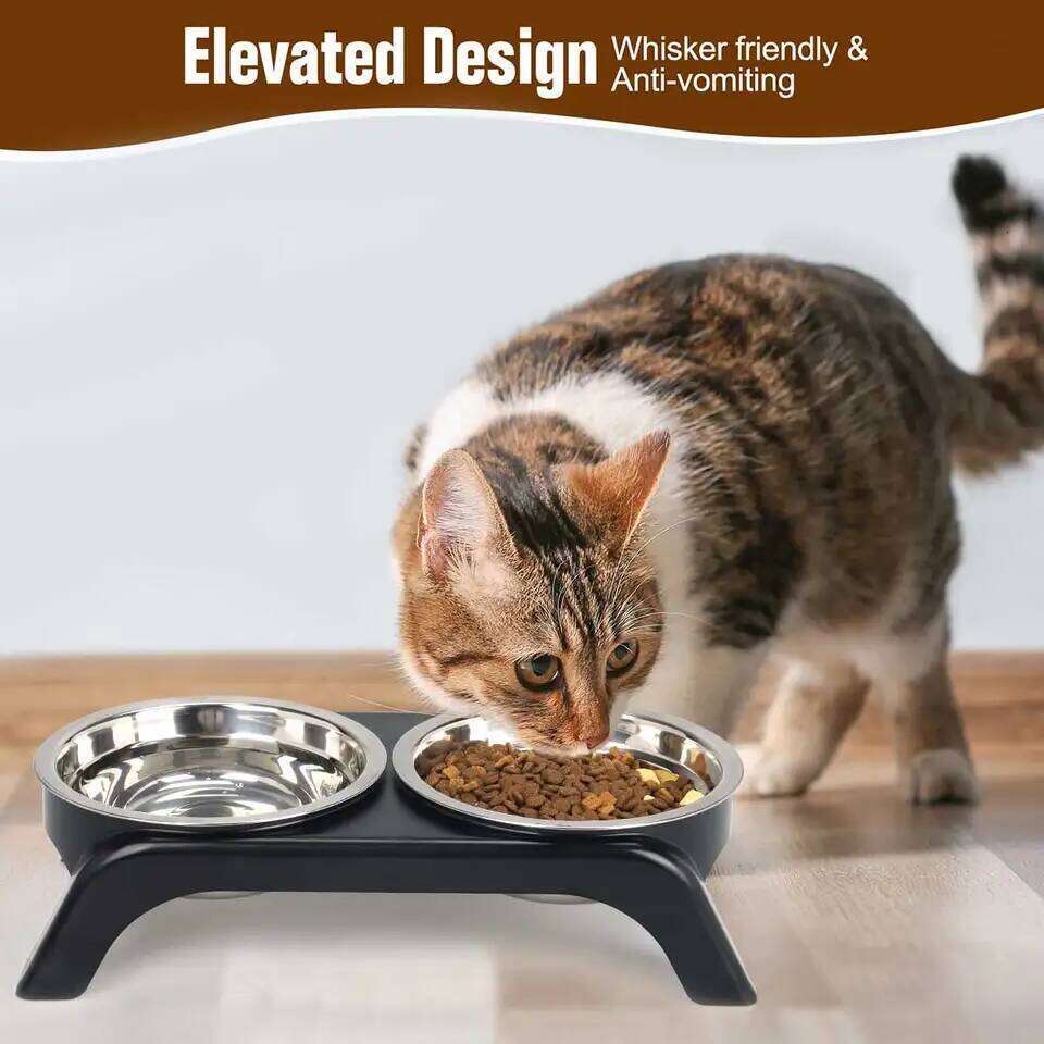 Elevated pet bowl with two stainless steel bowls, suitable for small medium-sized dogs cats, available in black and gray 26Y0312