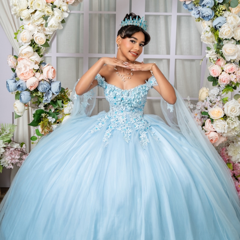 Sky Blue Shiny Ball Gown Quinceanera Dresses 2026 Applique Flower Tull Corset Off Shoulder Sweet 16 Dress Vestidos De 15 Anos