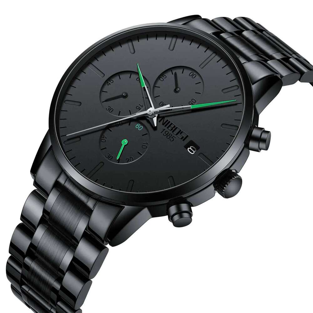NIBOSI Men's Analog Minimalist Black Dial for Men Business Chronograph Military Stainless Steel Wrist Watches