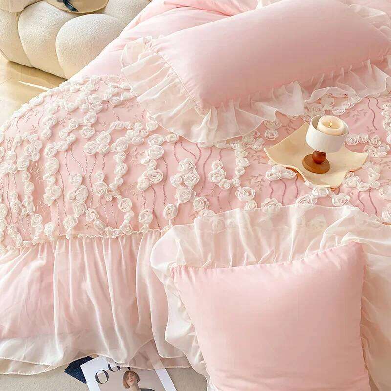 Pink with for Girls Princess Style Duvet Cover Sets Lace Flower Sheet Single/Queen/King Bedding Bed Set H260312
