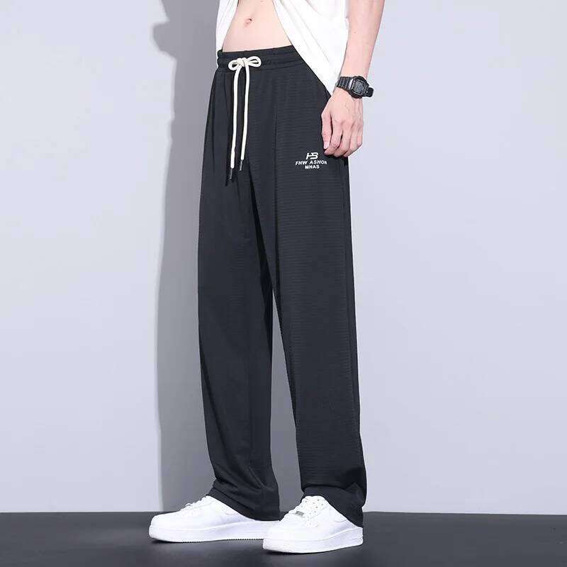 Summer Thin Mesh Net Hole Fabric Casual Pants Men Breathable Elastic Waist Baggy Korean Jogging Work Straight-leg Trouser New