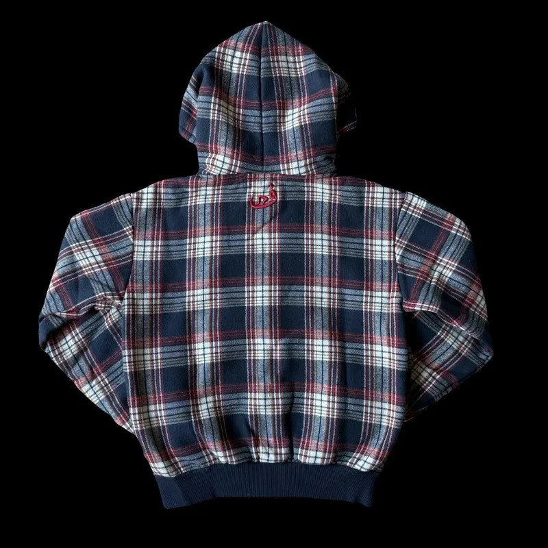 American retro fashion plaid embroidered hooded sweatshirt for men and women loose casual zipper cardigan on the street 260311