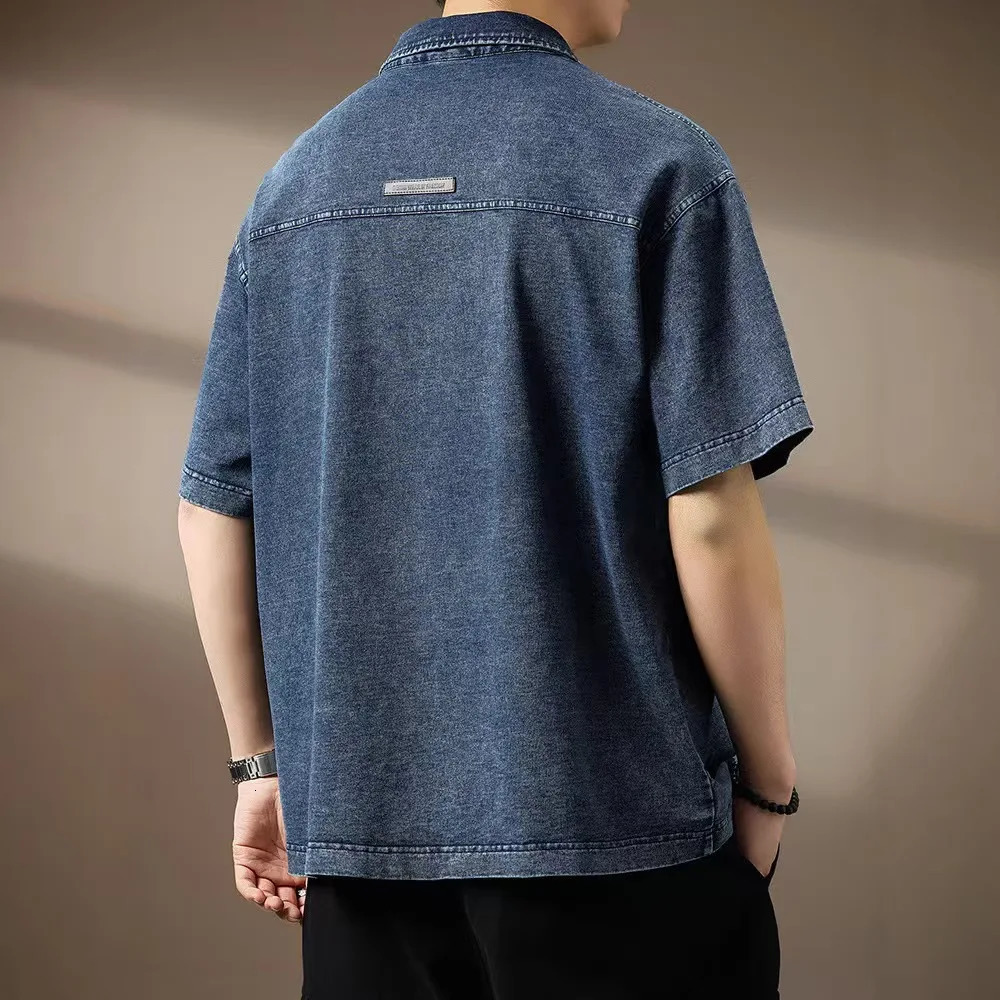 Summer Mens Denim Polo Shirts American Style Lapel Short Sleeved Loose Tees Shirt High-end Mens Thin Trendy Tops 260311