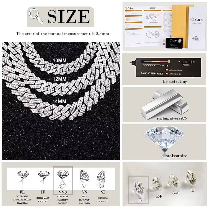 Yu Ying Gems 2rows Hip Hop Cuban Chain S925 Silver with Iced Out Vvs Moissanite Cuban Necklace Cuban Link Chain