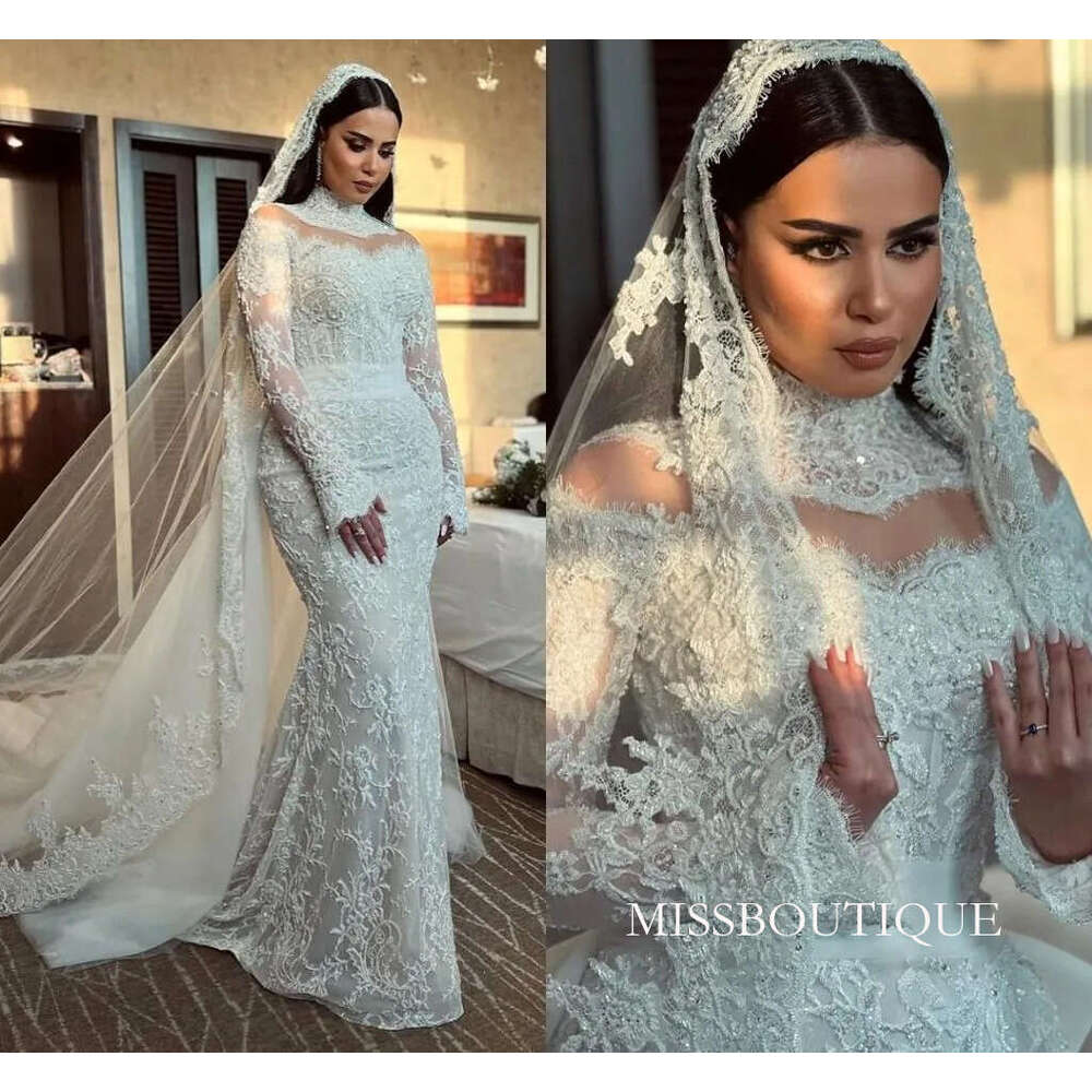 Arabic Dubai Vintage Lace Mermaid Wedding Dresses High Neck Long Sleeves Beaded Appliques Bridal Gowns Custom Made Robes De Mariage Bc20273 B0312