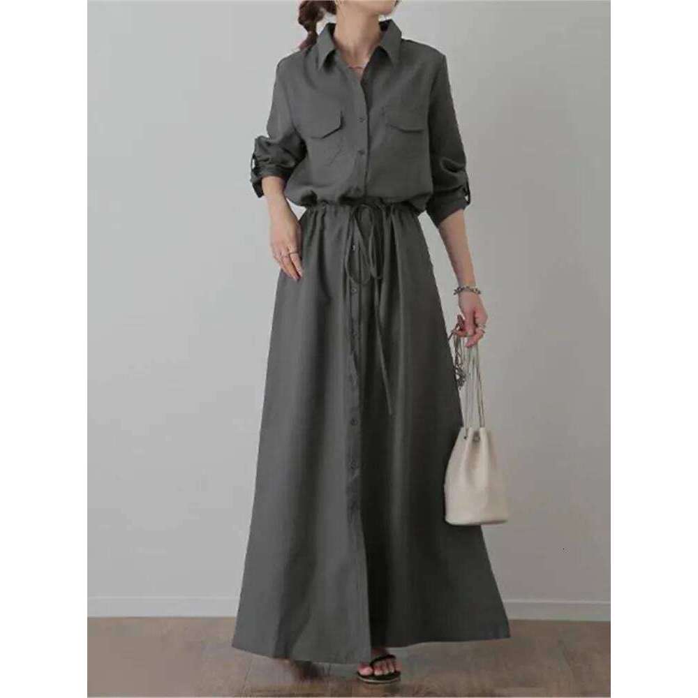 Solid Color Shirts Dresses Women Fashion Casual Lapel Long Sleeve Drawstring Elastic Waist Dress Female Commuting Clothing C260312