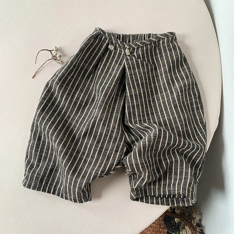Childrens Retro Striped Cotton And Linen Pant Spring Autumn Japanese Boys Girls Casual Loose WideLeg Pants WTP122 260311