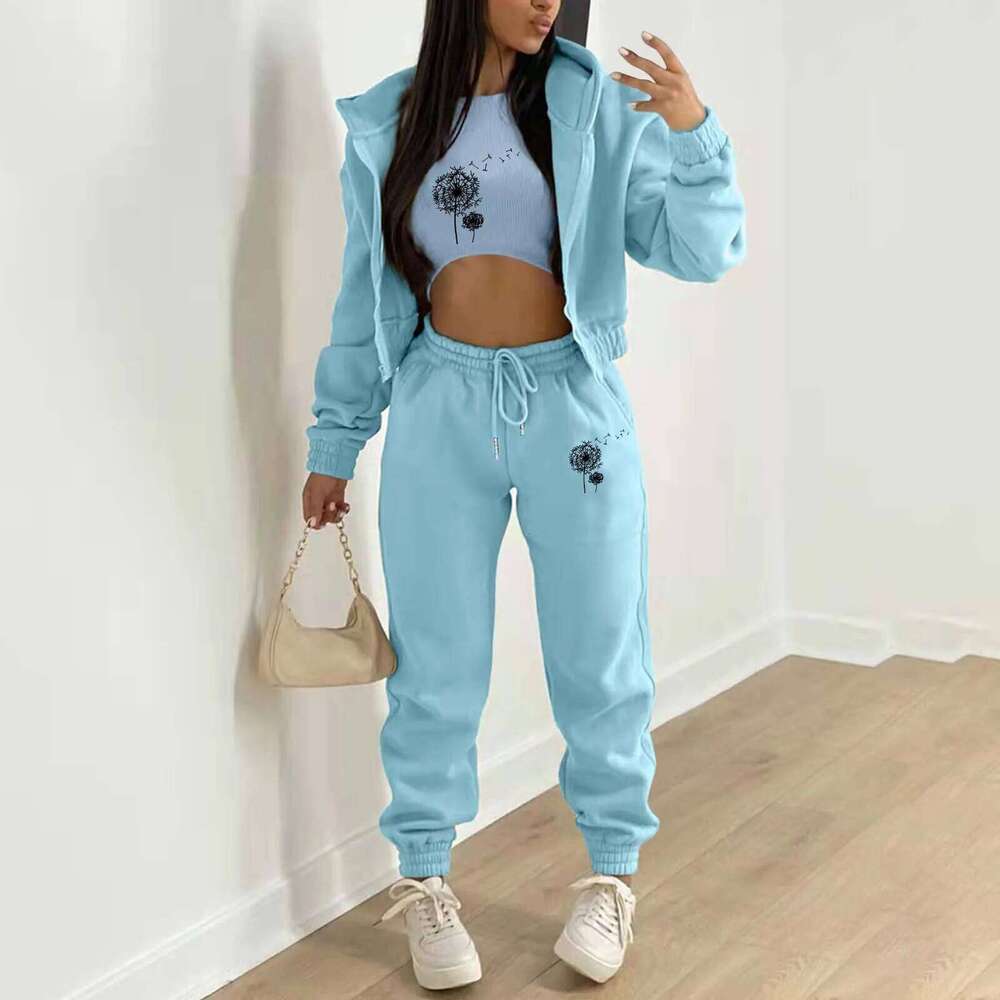 Sweatshirt Suit Women Tracksuit Sporty 3 Piece Set Vest Thick Coat Pants Print Outfits Lace Up Sportswear Ensemble Autumn Winter C260312