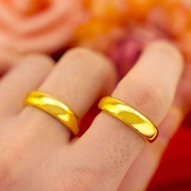 UMQ 24K Pure Plated Real 18k Yellow Gold 999 24k Plain Smooth Face Personality Money Seeking Couple Ring for Men and Women Coupl H260312