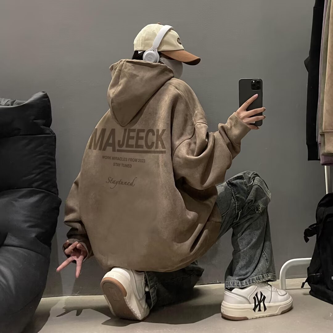 Pink Suede Hooded Sweatshirt For Men Spring And Autumn Trendy Designer Hoodie Brand Ins Heavyweight Cool Couple Loose Plus Size Casual Jacket