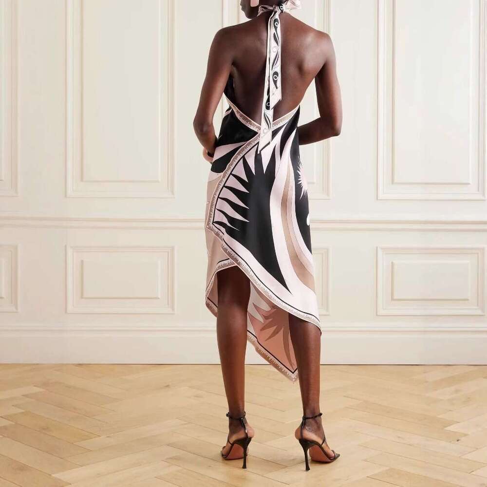 2025 New Summer European and American Sexy Halter Backless Printed Satin Vacation Beach Dress for Women