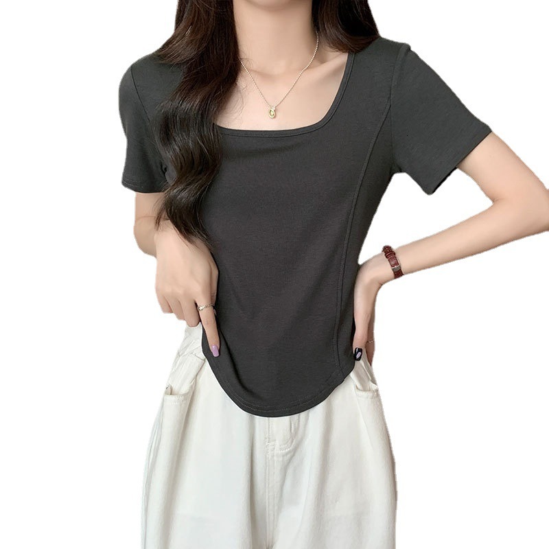 Off-shoulder Square Designer Shirt Neck Short Sleeve T-shirt Designer Hoodie Women's Polo Shirt Solid Color Summer New Fashionable Youthful Fishb