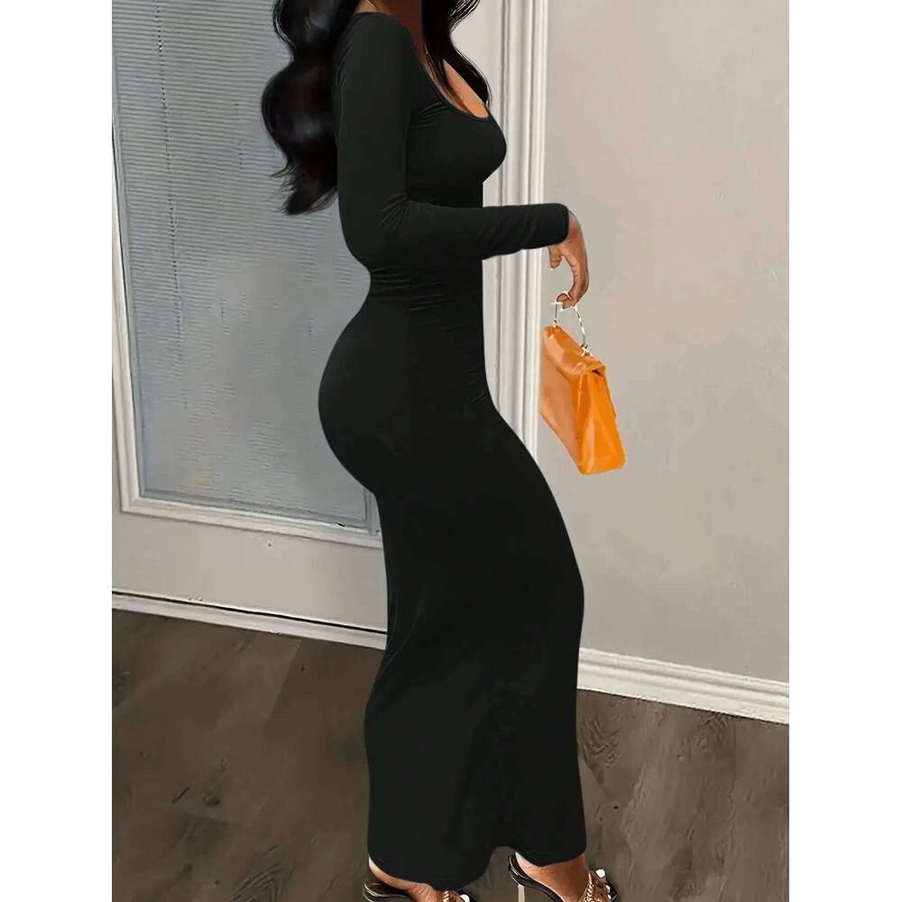 Women's Elegant Low-Cut Round Neck Long Dress C260312