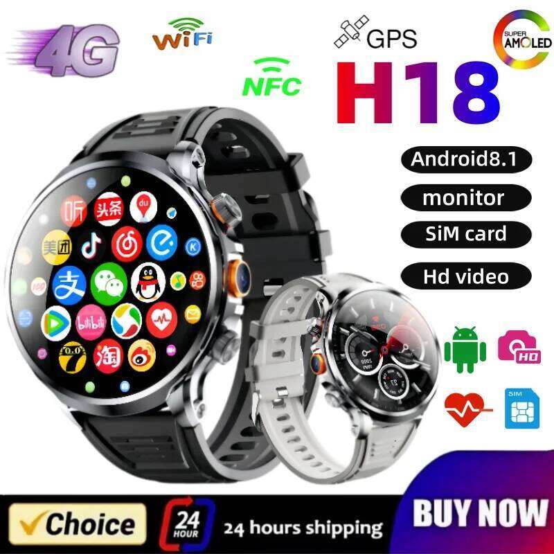 H18 Smartwatch: 1.95" HD Curved Screen, 4G LTE WIFI GPS, NFC, SIM Card Support, Side Camera, Android OS