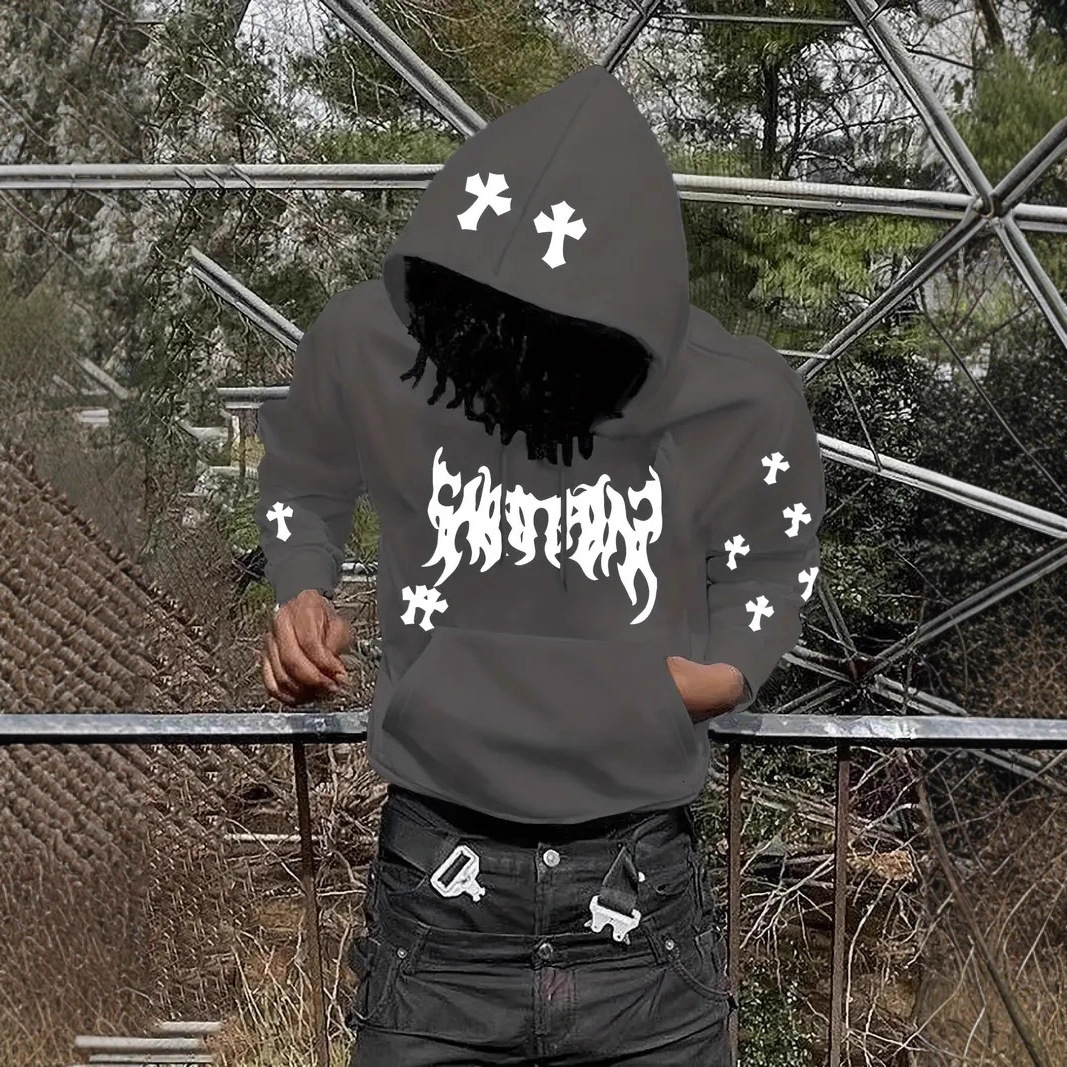 Luxury Brand Designer Clothes Dark Style Personality Cross Print Hoodie For Men Trendy Street Style Hip Hop Pullover Trendy Brand Top