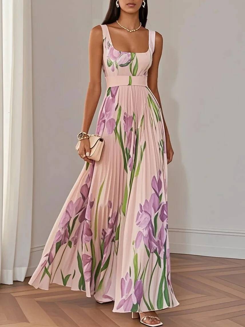 2025 New Women's Sleeveless Straps Summer Dress Elegant Floral Print Pleated Long Shoulder Hollow Boho Dresses dongdumaoyi
