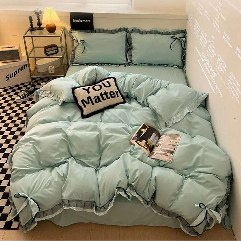 Ins Style Bow Embroidery Pure Cotton Bed Sets Princess Brushed Bedding Set with Lace Single Double Queen King Size Bedclothes H260312