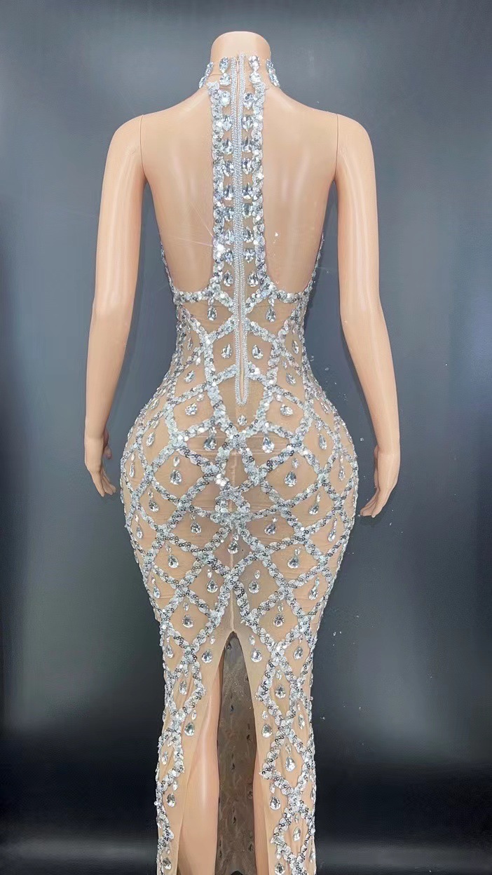 Basic & Casual Dresses Transparent Long Dress Evening Birthday Celebrate Luxurious Costume Sparkly Silver Big Rhinestone Dancer Flashing Dress