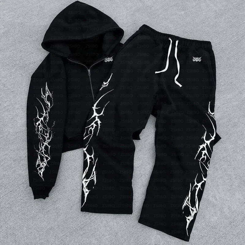 European and American retro punk complex printed zipper cardigan hoodie trousers sweatpants suit street wear 260311