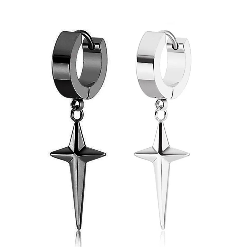 2/4pcs Punk Stainless Steel Cross Star Dangle Drop Earrings Kpop Geometry Huggie Hoop Earrings for Men Women Statement Jewelry 260302