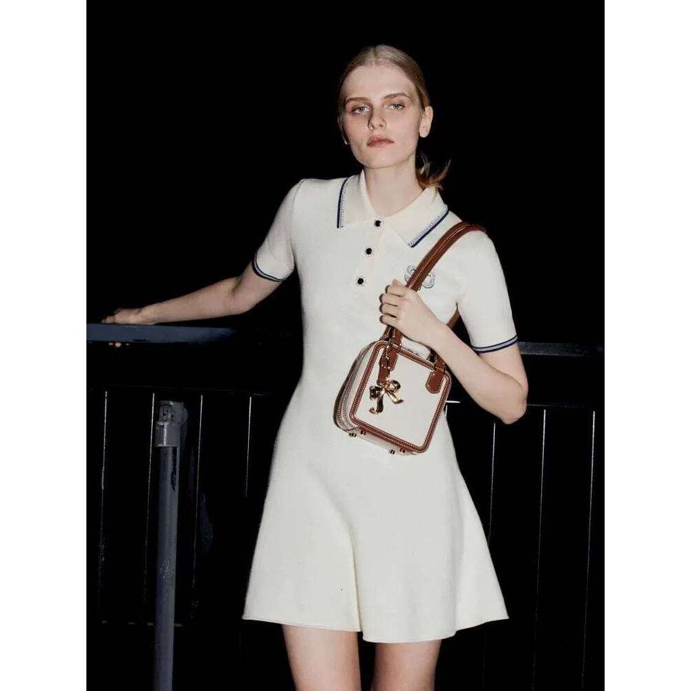 SP Luxury Brand Design Women Knitted Dress Slim A-line Lapel Casual Dresses Elegant Short Sleeve Mini Self Ladies Clothes C260312