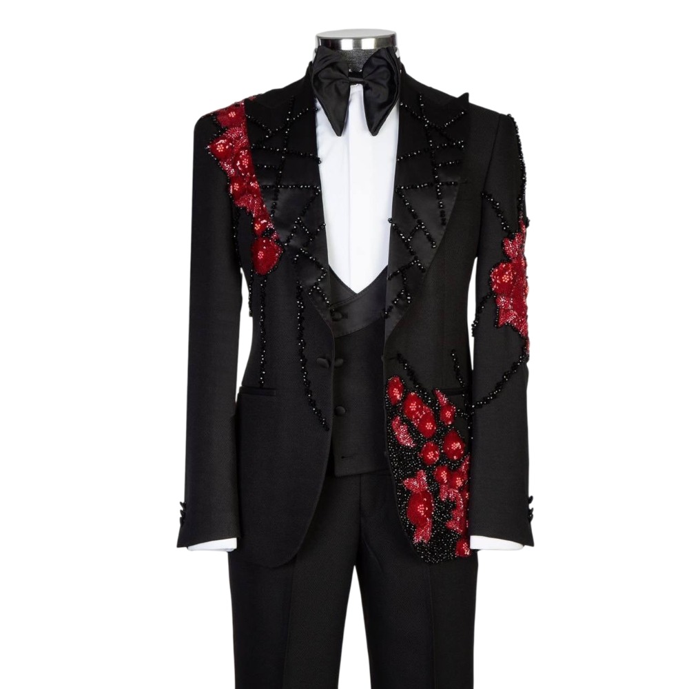Stylish Men Suits 2 Pieces Peaked Lapel Blazer Sequins Beading Tailor-Made Jacket One Button Groom Prom Party Customized Coat Pants Plus Size