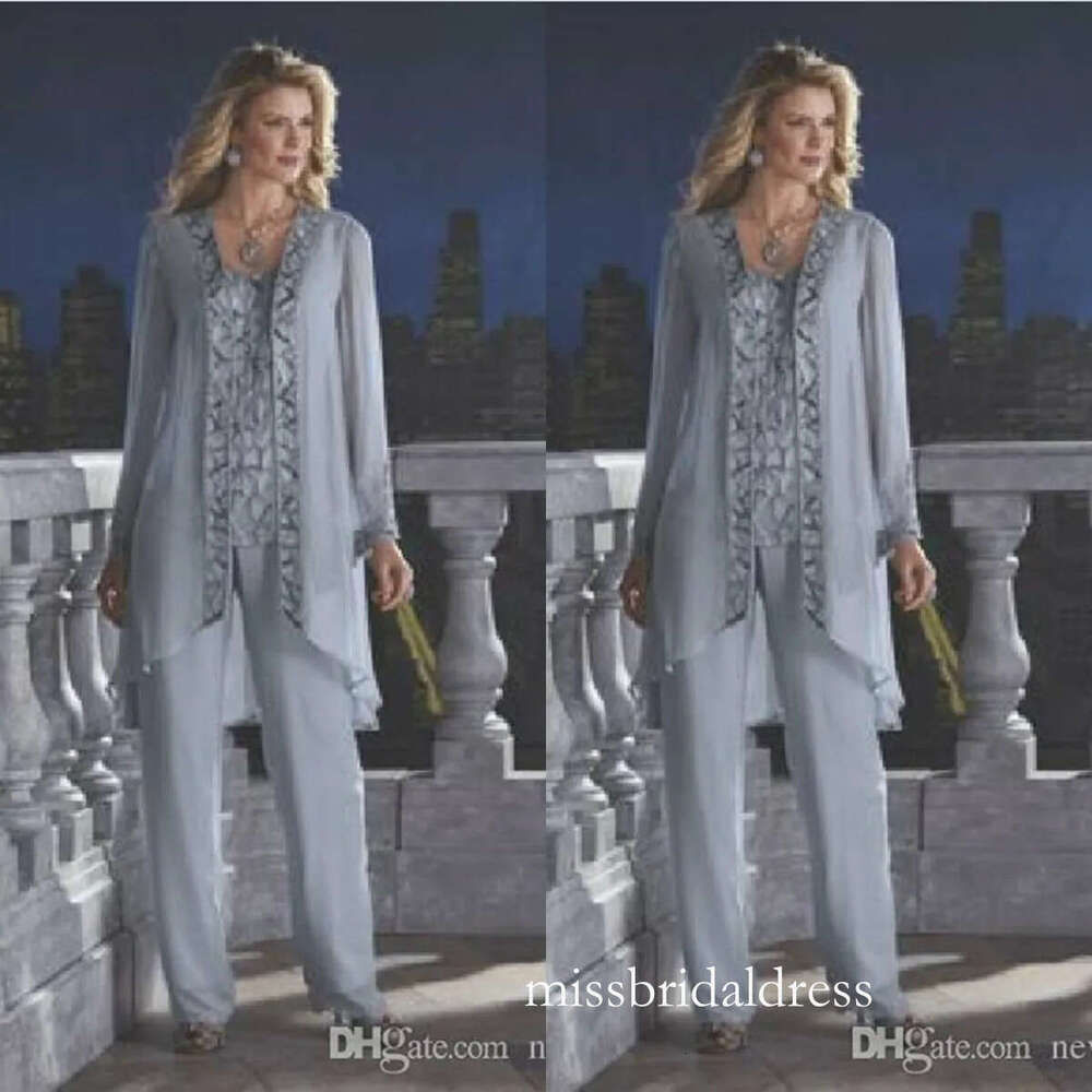 2019 Suits Pant Suit Three Pieces Chiffon Mother Of The Bride Dresses Long Sleeve Beads Wedding Guest Gowns D0312