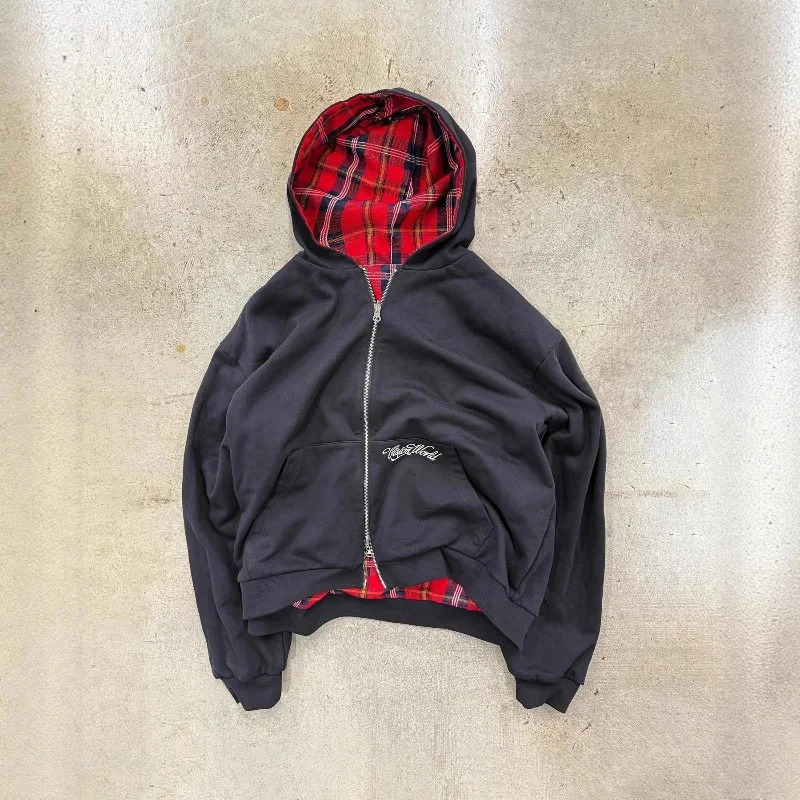 Harajuku Y2K Mens Hoodie Tracksuit Autumn Winter Two-Way Wear Plaid Zip Up Sweatshirt Casual Streetwear Retro Fashion Style 260311