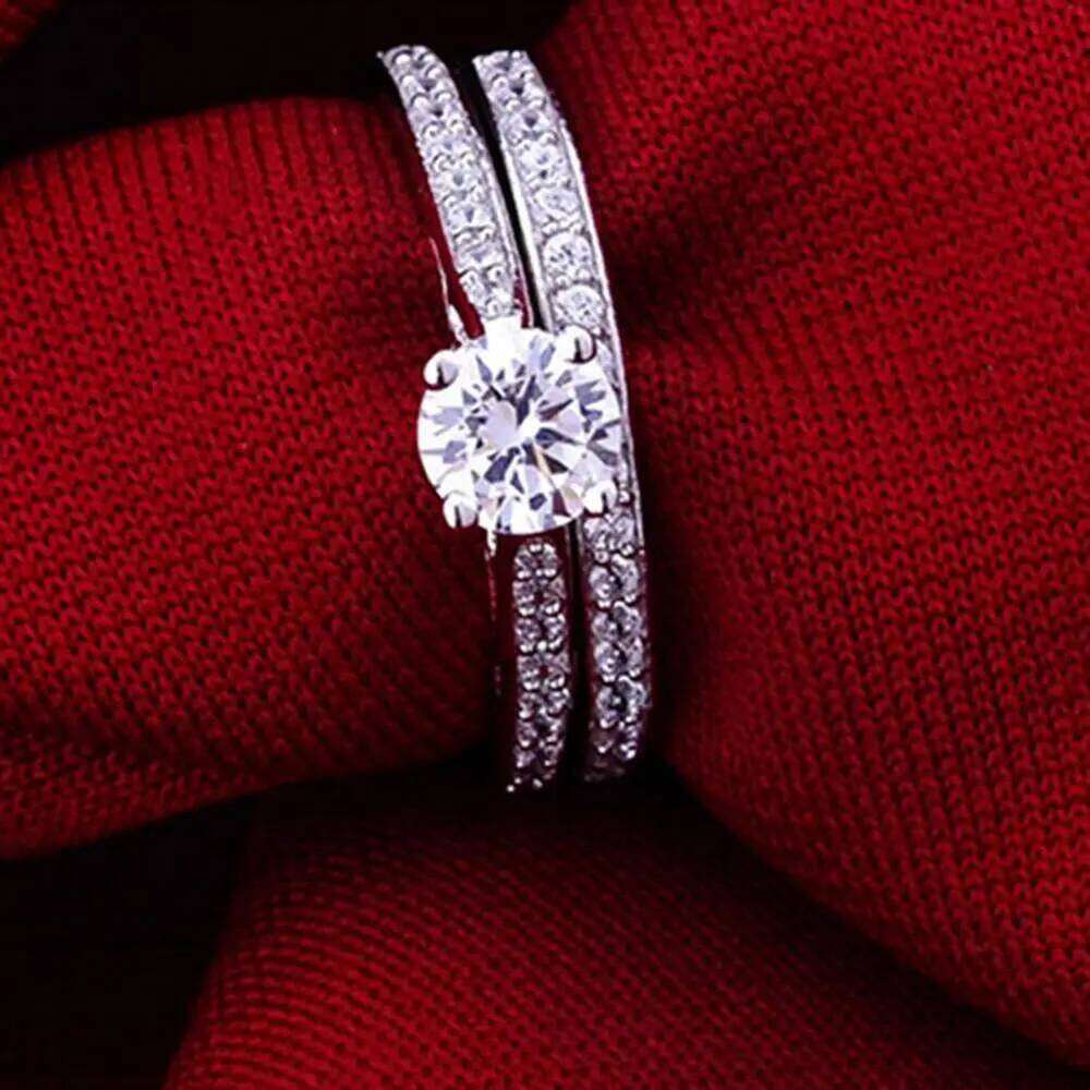 2Pcs/Set Shiny Cubic Zirconia Plated Silver Romantic Couple Finger Ring for Wedding W260311