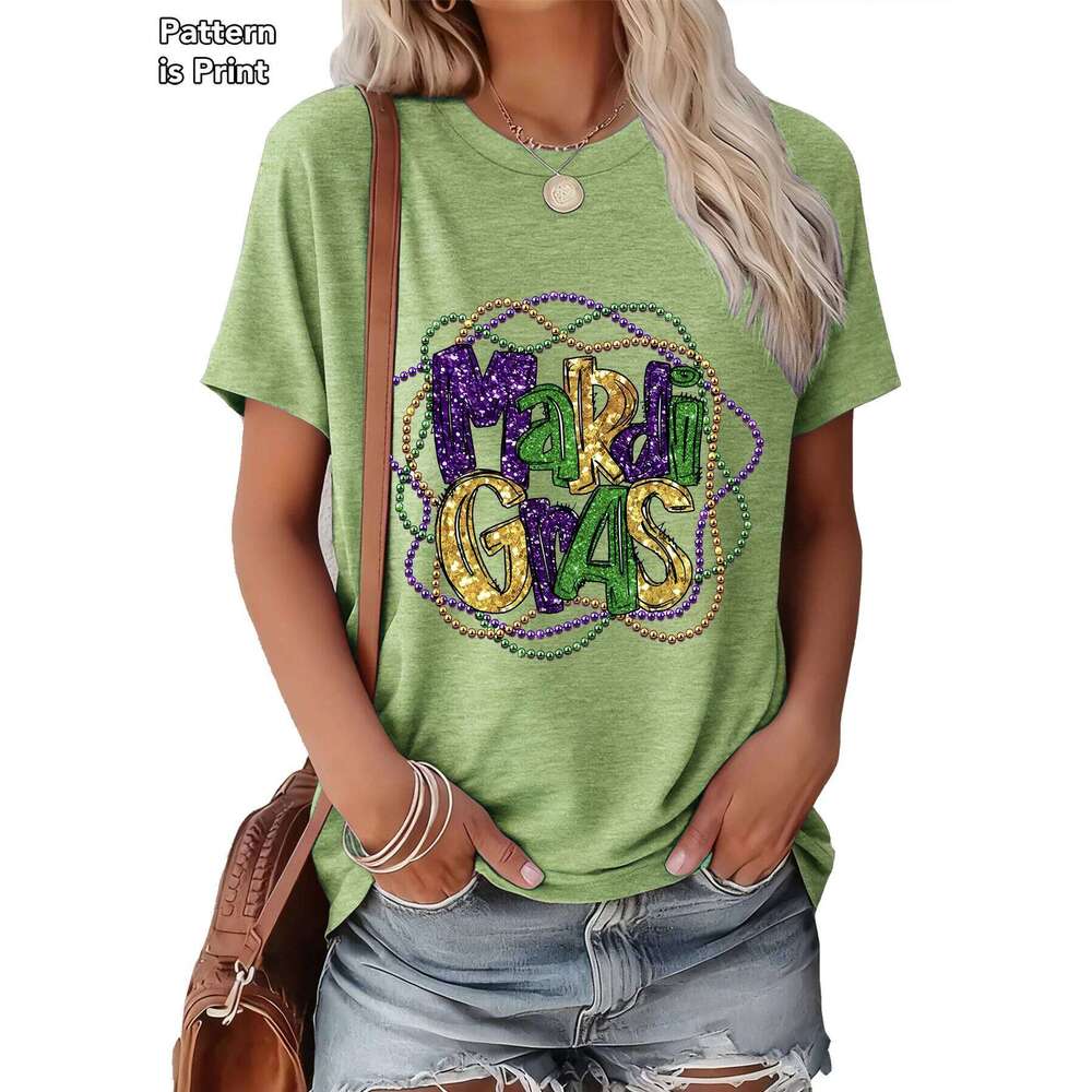 Women Mardi Gras T-Shirt Purple Green Gold Text Summer Short Sleeve Tee Casual Festival Party Gift Top Multi Colors Available Z260312
