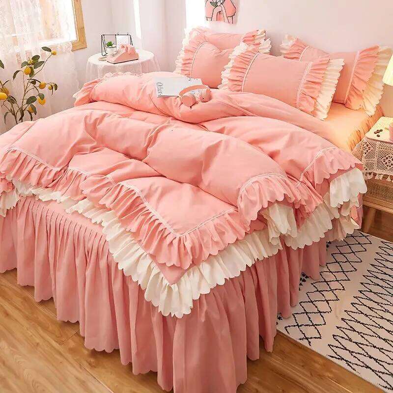 WOSTAR Pink princess style duvet cover sheet pillowcase 2 people double bed bedding four-piece set /queen/king size H260312